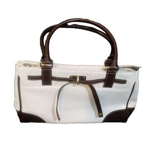 Rina Rich Handbag Tote Womens Brown White Double Handles Silver Hardware Zippers